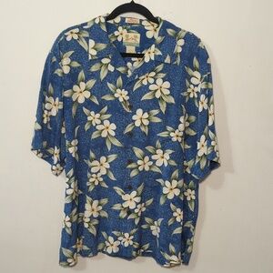 100% Silk Hawaiian Shirt Blue White Floral Jacquard Vintage Reyn Spooner Men's L